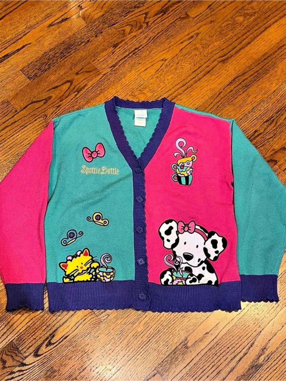 Vintage Spottie Dottie Cardigan XL Sanrio Style Colorblock Pink Teal Purple 90s